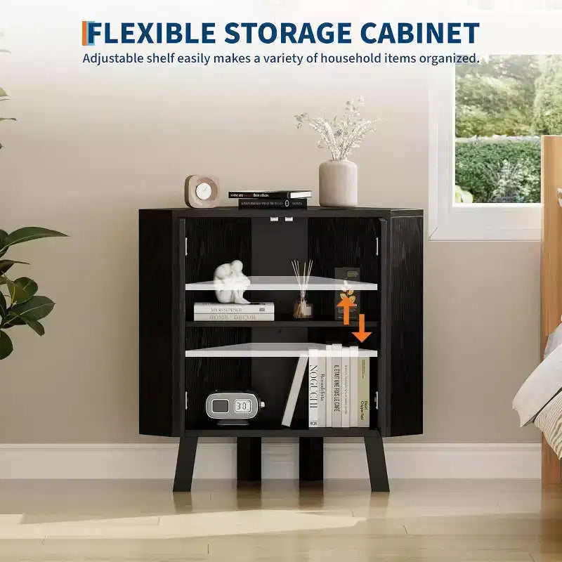 Gabinete esquinero rústico de 3 niveles con estante ajustable, mesa esquinera de madera con puertas y mesa auxiliar triangular para sala de estar y cocina