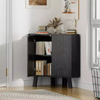 Gabinete esquinero rústico de 3 niveles con estante ajustable, mesa esquinera de madera con puertas y mesa auxiliar triangular para sala de estar y cocina