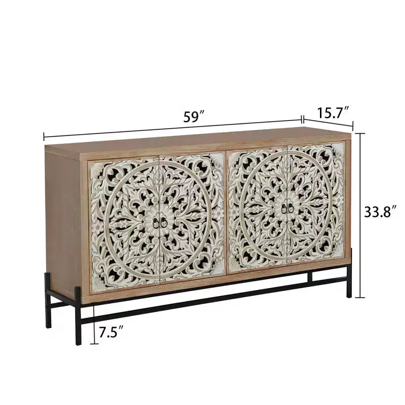 GDFStudio Eni Gabinete de almacenamiento vintage de 59'' con 4 puertas de madera tallada y 2 estantes