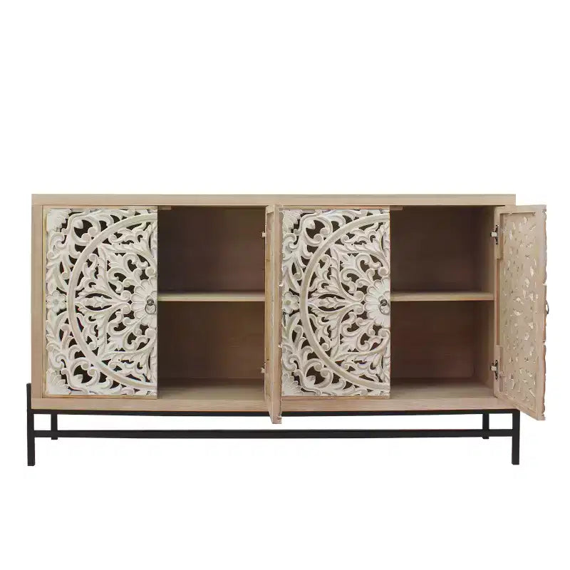 GDFStudio Eni Gabinete de almacenamiento vintage de 59'' con 4 puertas de madera tallada y 2 estantes