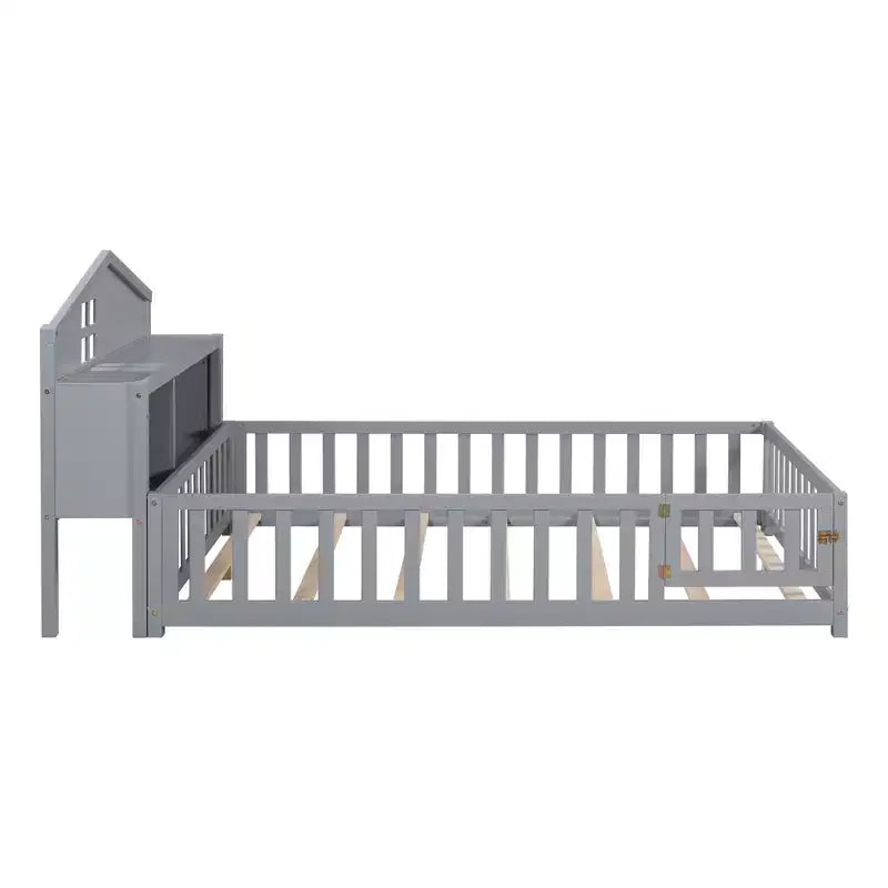 Cama de suelo Bellemave estilo Montessori con estantería y pizarra, cama de plataforma de madera maciza con barandillas y cabecero de almacenamiento para niños y adolescentes