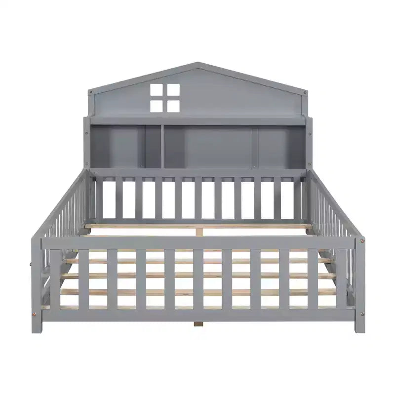 Cama de suelo Bellemave estilo Montessori con estantería y pizarra, cama de plataforma de madera maciza con barandillas y cabecero de almacenamiento para niños y adolescentes