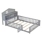 Cama de suelo Bellemave estilo Montessori con estantería y pizarra, cama de plataforma de madera maciza con barandillas y cabecero de almacenamiento para niños y adolescentes