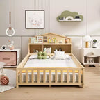 Cama de suelo Bellemave estilo Montessori con estantería y pizarra, cama de plataforma de madera maciza con barandillas y cabecero de almacenamiento para niños y adolescentes