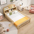 Cama de suelo Bellemave estilo Montessori con estantería y pizarra, cama de plataforma de madera maciza con barandillas y cabecero de almacenamiento para niños y adolescentes