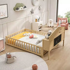 Cama de suelo Bellemave estilo Montessori con estantería y pizarra, cama de plataforma de madera maciza con barandillas y cabecero de almacenamiento para niños y adolescentes
