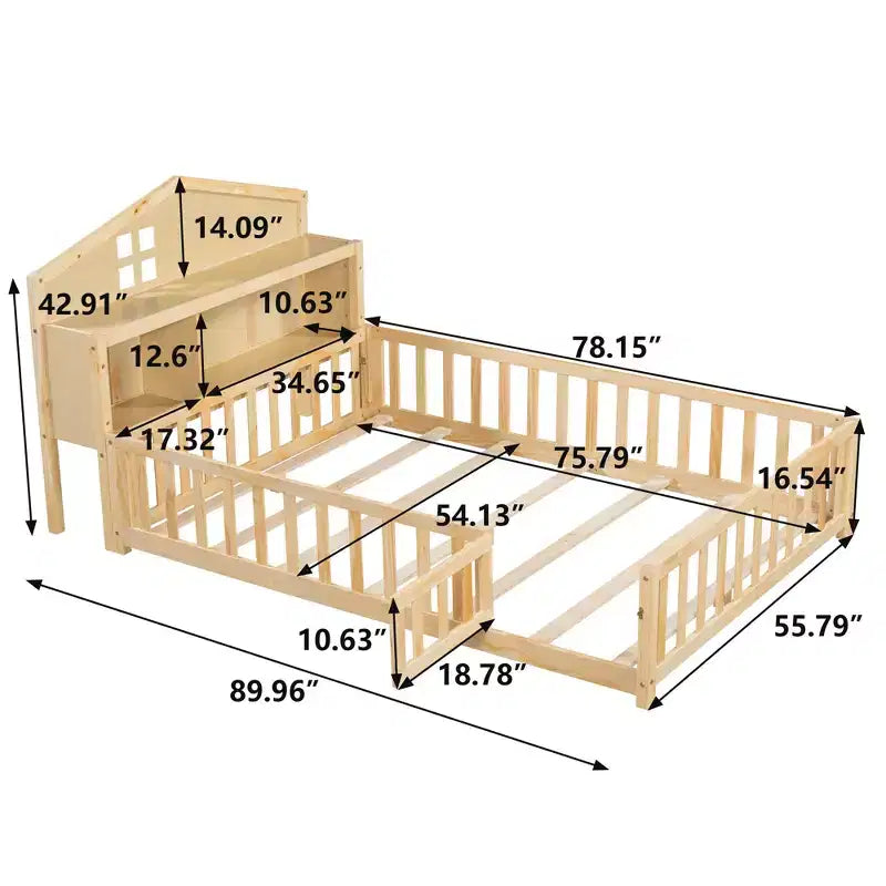 Cama de suelo Bellemave estilo Montessori con estantería y pizarra, cama de plataforma de madera maciza con barandillas y cabecero de almacenamiento para niños y adolescentes