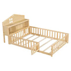 Cama de suelo Bellemave estilo Montessori con estantería y pizarra, cama de plataforma de madera maciza con barandillas y cabecero de almacenamiento para niños y adolescentes