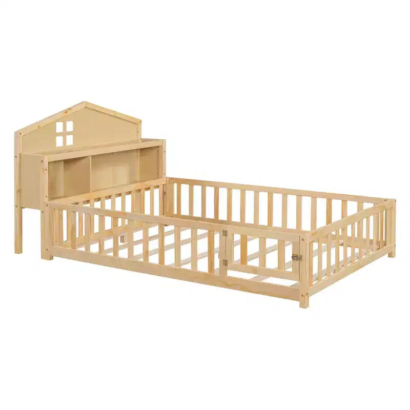 Cama de suelo Bellemave estilo Montessori con estantería y pizarra, cama de plataforma de madera maciza con barandillas y cabecero de almacenamiento para niños y adolescentes
