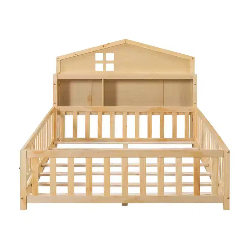 Cama de suelo Bellemave estilo Montessori con estantería y pizarra, cama de plataforma de madera maciza con barandillas y cabecero de almacenamiento para niños y adolescentes