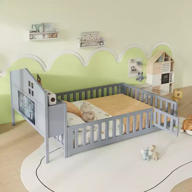 Cama de suelo Bellemave estilo Montessori con estantería y pizarra, cama de plataforma de madera maciza con barandillas y cabecero de almacenamiento para niños y adolescentes