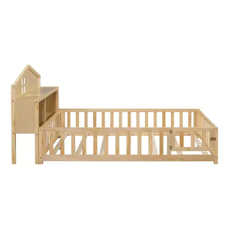 Cama de suelo Bellemave estilo Montessori con estantería y pizarra, cama de plataforma de madera maciza con barandillas y cabecero de almacenamiento para niños y adolescentes