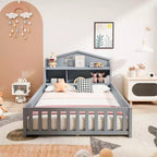 Cama de suelo Bellemave estilo Montessori con estantería y pizarra, cama de plataforma de madera maciza con barandillas y cabecero de almacenamiento para niños y adolescentes