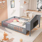 Cama de suelo Bellemave estilo Montessori con estantería y pizarra, cama de plataforma de madera maciza con barandillas y cabecero de almacenamiento para niños y adolescentes