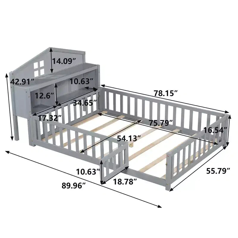 Cama de suelo Bellemave estilo Montessori con estantería y pizarra, cama de plataforma de madera maciza con barandillas y cabecero de almacenamiento para niños y adolescentes
