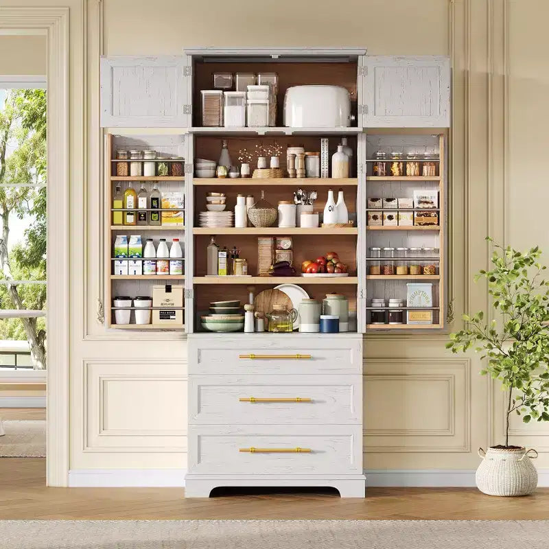 GDFStudio Alaia 78.2 Gabinete de despensa de cocina tipo casa de campo con 8 estantes en la puerta, 3 estantes ajustables y cajón oculto