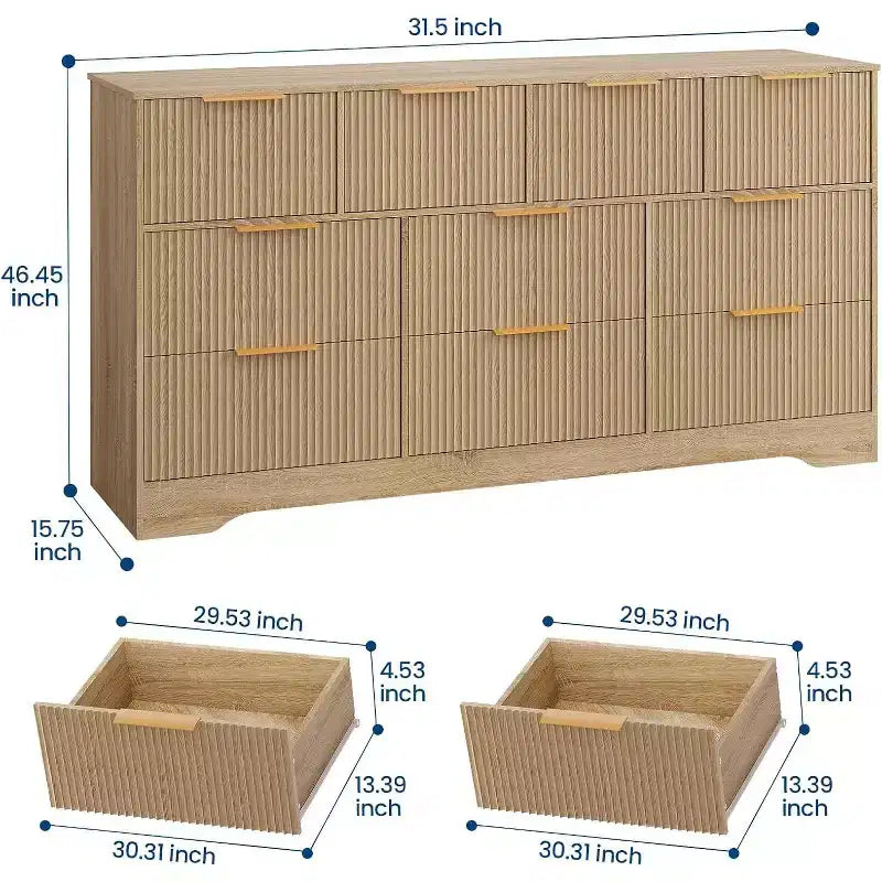Cómoda de 55 acanalada con tiradores dorados, organizador de cómoda doble de 10 cajones, cómoda larga moderna para almacenamiento en armario de dormitorio, natural