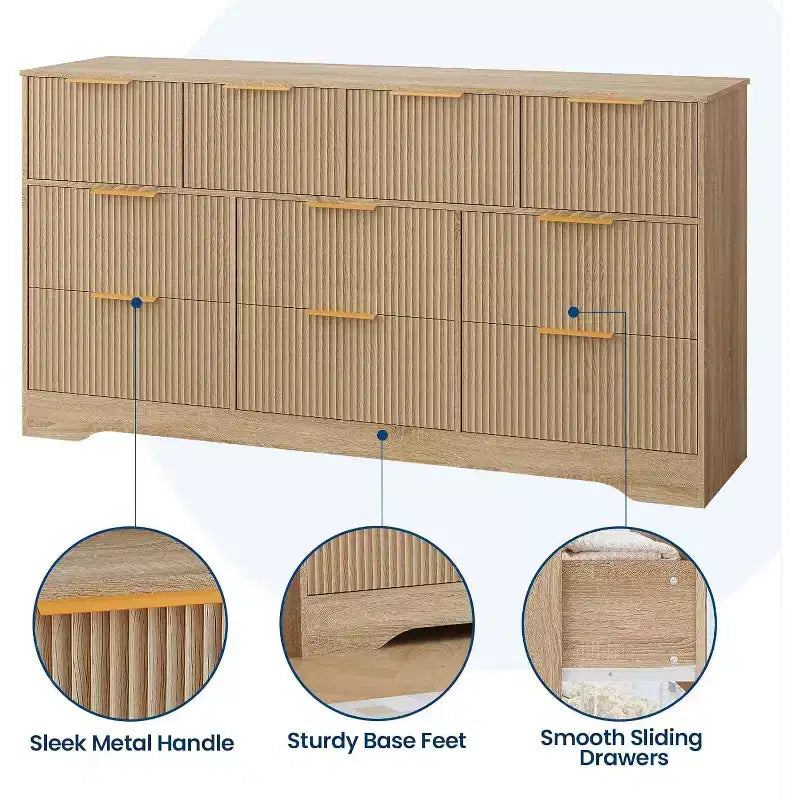 Cómoda de 55 acanalada con tiradores dorados, organizador de cómoda doble de 10 cajones, cómoda larga moderna para almacenamiento en armario de dormitorio, natural