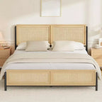 Acekool Boho Rattan Bed Frame Natural Wood Platform with Headboard Storage for Bedroom