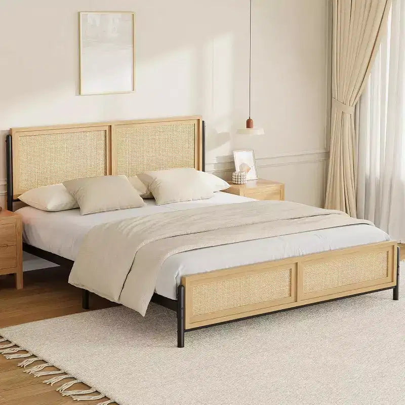 Acekool Boho Rattan Cama Plataforma de Madera Natural con Cabecero y Almacenamiento para Dormitorio