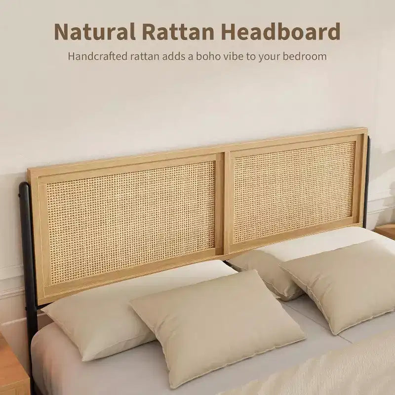 Acekool Boho Rattan Cama Plataforma de Madera Natural con Cabecero y Almacenamiento para Dormitorio