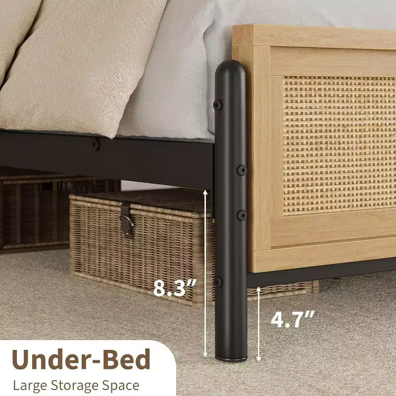 Acekool Boho Rattan Cama Plataforma de Madera Natural con Cabecero y Almacenamiento para Dormitorio