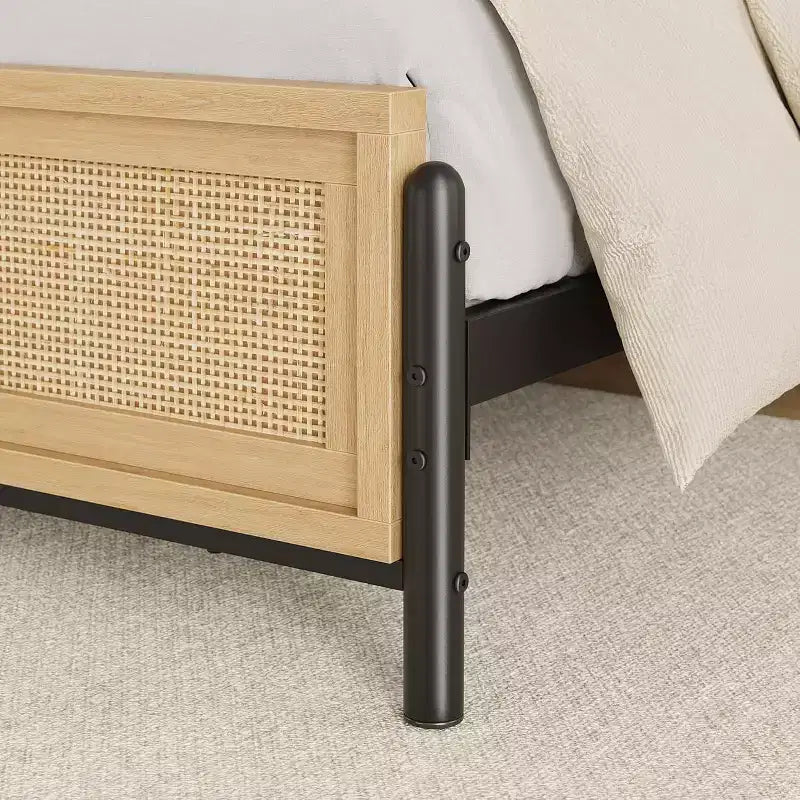 Acekool Boho Rattan Cama Plataforma de Madera Natural con Cabecero y Almacenamiento para Dormitorio
