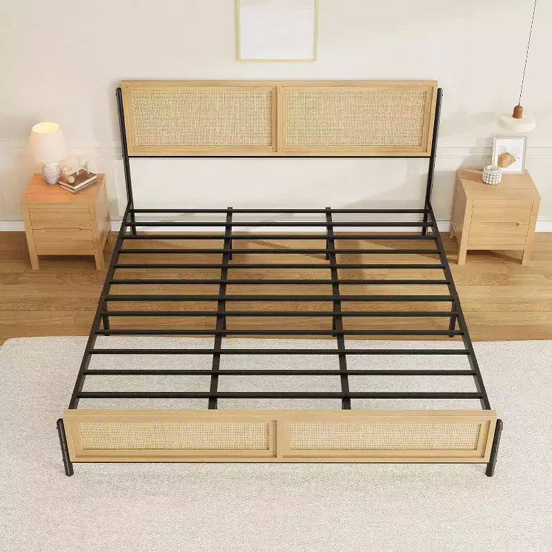 Acekool Boho Rattan Cama Plataforma de Madera Natural con Cabecero y Almacenamiento para Dormitorio