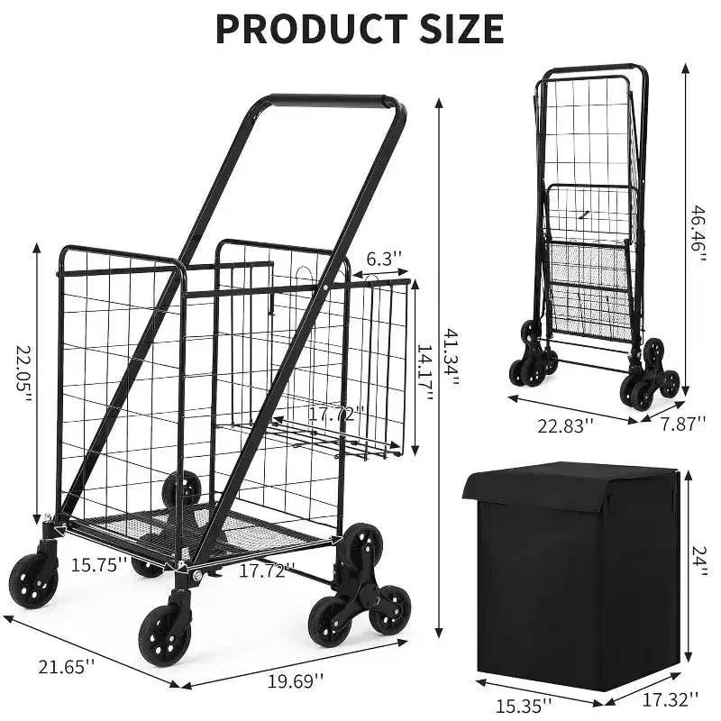 Carrito de compras subeescaleras con revestimiento impermeable, carrito utilitario plegable con ruedas traseras de tres ruedas, ruedas giratorias de 360 grados, carrito de comestibles plegable y portátil