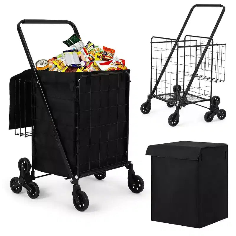 Carrito de compras subeescaleras con revestimiento impermeable, carrito utilitario plegable con ruedas traseras de tres ruedas, ruedas giratorias de 360 grados, carrito de comestibles plegable y portátil