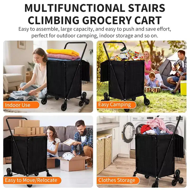 Carrito de compras subeescaleras con revestimiento impermeable, carrito utilitario plegable con ruedas traseras de tres ruedas, ruedas giratorias de 360 grados, carrito de comestibles plegable y portátil
