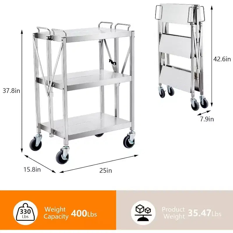 Carrito utilitario de 3 niveles de acero inoxidable, carrito de servicio utilitario plegable con ruedas, carros rodantes portátiles de alta resistencia con capacidad de 300 libras para taller de cocina