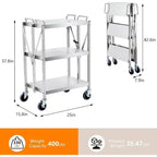 Carrito utilitario de 3 niveles de acero inoxidable, carrito de servicio utilitario plegable con ruedas, carros rodantes portátiles de alta resistencia con capacidad de 300 libras para taller de cocina