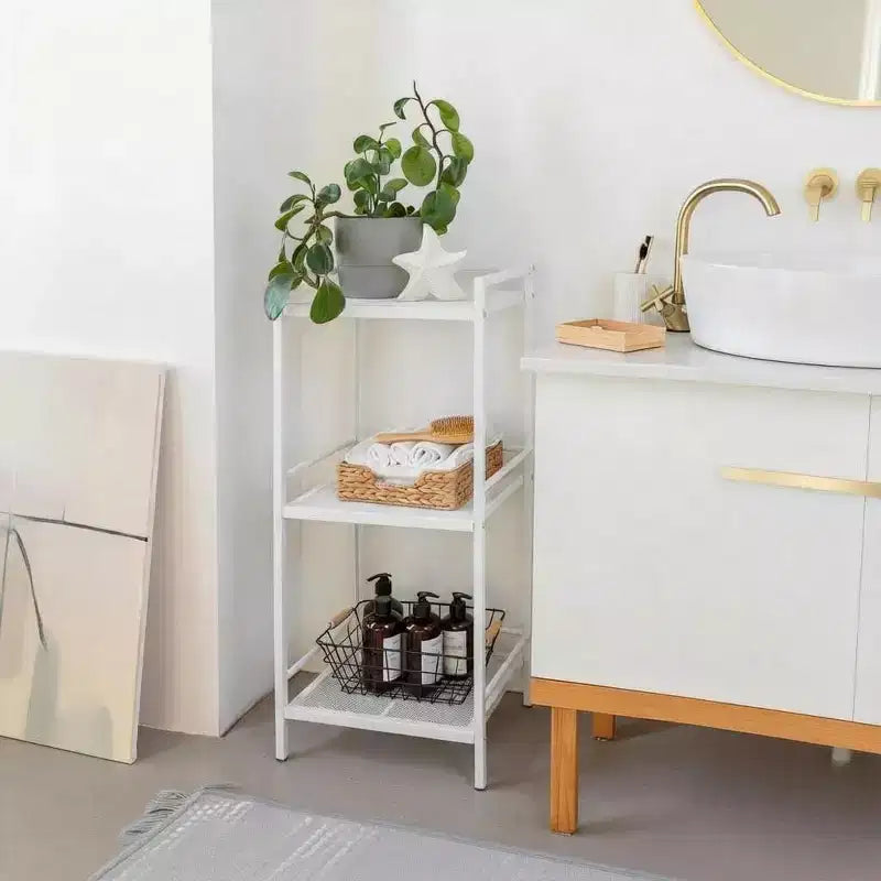 Estante de almacenamiento de acero al carbono de 3/4 niveles Acekool, unidad de estantería de almacenamiento para baño y soporte para plantas, estantería esquinera para organización de cocina y lavandería