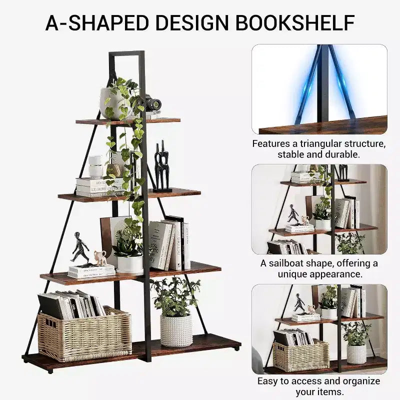 Estantería de 4 estantes, estructura en forma de A de velero, estante de exhibición tipo escalera, estante clásico moderno para libros, para CD/libros/películas