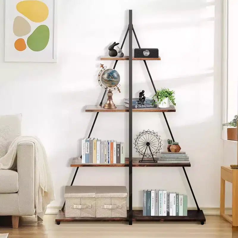 Estantería de 4 estantes, estructura en forma de A de velero, estante de exhibición tipo escalera, estante clásico moderno para libros, para CD/libros/películas