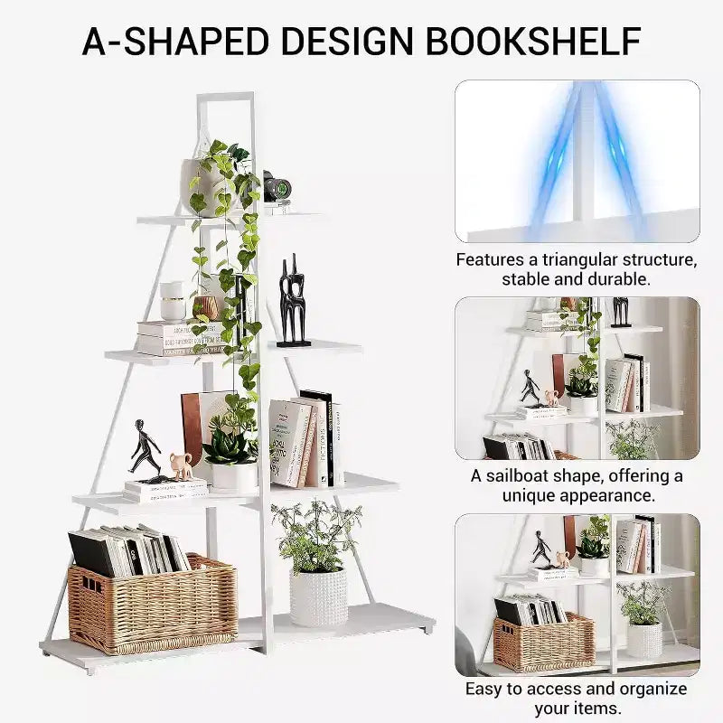 Estantería de 4 estantes, estructura en forma de A de velero, estante de exhibición tipo escalera, estante clásico moderno para libros, para CD/libros/películas