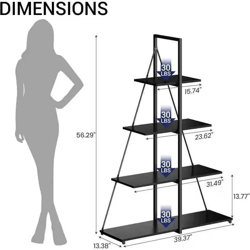 Estantería de 4 estantes, estructura en forma de A de velero, estante de exhibición tipo escalera, estante clásico moderno para libros, para CD/libros/películas
