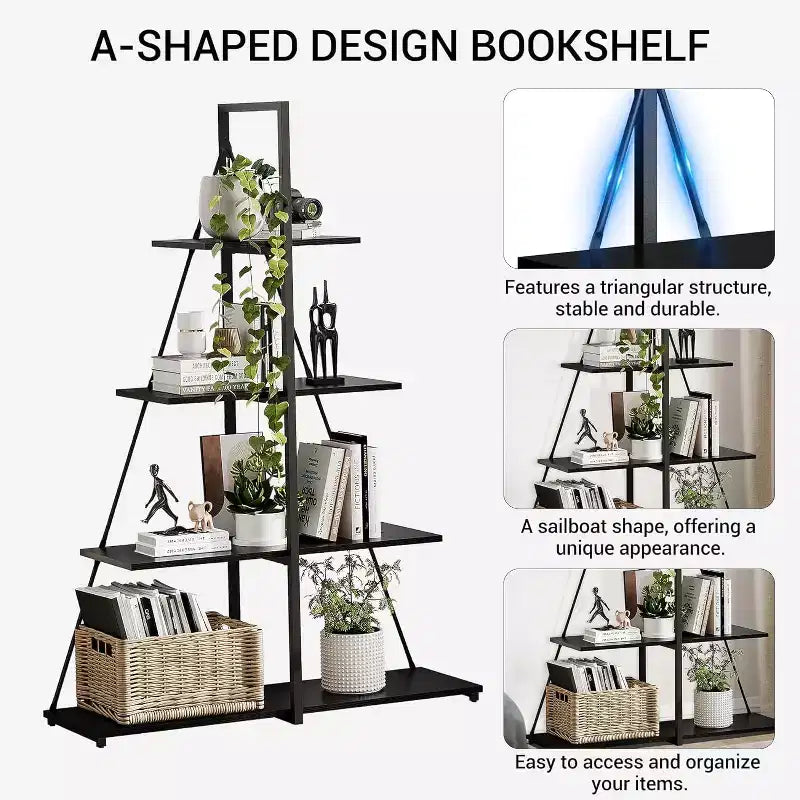 Estantería de 4 estantes, estructura en forma de A de velero, estante de exhibición tipo escalera, estante clásico moderno para libros, para CD/libros/películas