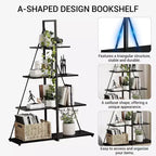 Estantería de 4 estantes, estructura en forma de A de velero, estante de exhibición tipo escalera, estante clásico moderno para libros, para CD/libros/películas