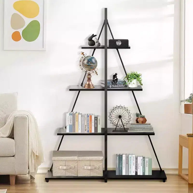 Estantería de 4 estantes, estructura en forma de A de velero, estante de exhibición tipo escalera, estante clásico moderno para libros, para CD/libros/películas