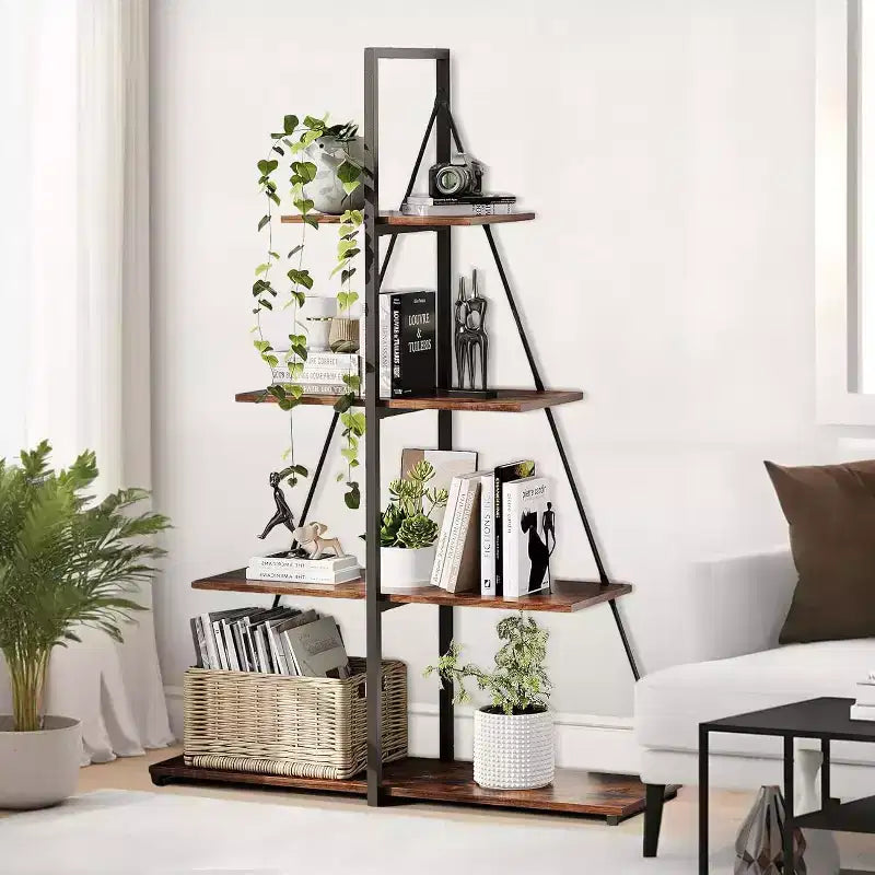 Estantería de 4 estantes, estructura en forma de A de velero, estante de exhibición tipo escalera, estante clásico moderno para libros, para CD/libros/películas