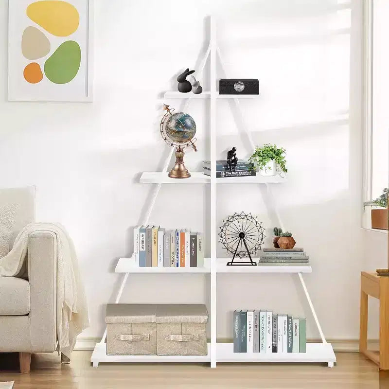 Estantería de 4 estantes, estructura en forma de A de velero, estante de exhibición tipo escalera, estante clásico moderno para libros, para CD/libros/películas