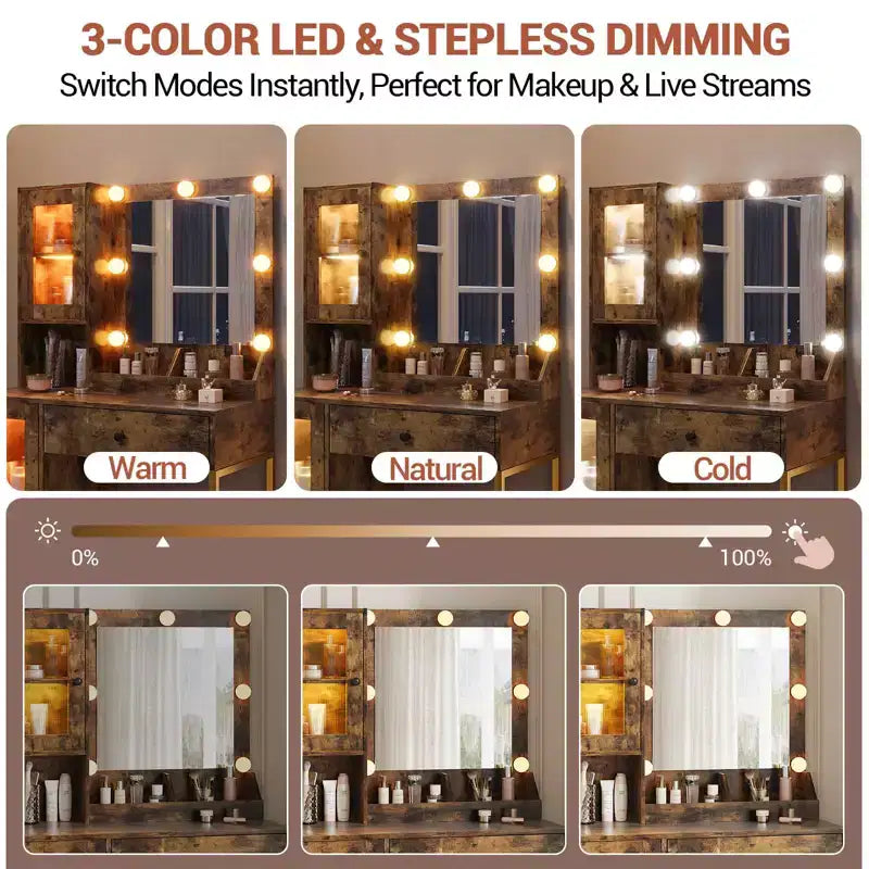 Tocador de maquillaje con espejo y luces, mesa de tocador con estación de carga, tocador de madera para dormitorio de niñas