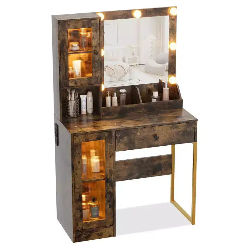 Tocador de maquillaje con espejo y luces, mesa de tocador con estación de carga, tocador de madera para dormitorio de niñas