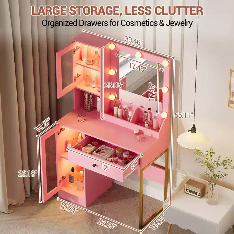 Tocador de maquillaje con espejo y luces, mesa de tocador con estación de carga, tocador de madera para dormitorio de niñas
