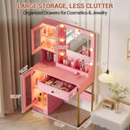 Tocador de maquillaje con espejo y luces, mesa de tocador con estación de carga, tocador de madera para dormitorio de niñas