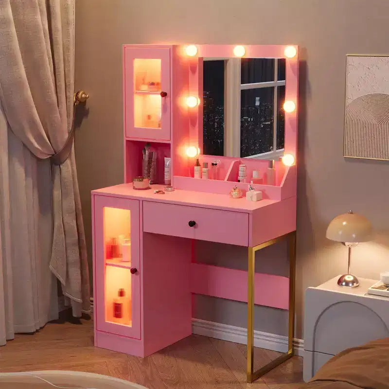 Tocador de maquillaje con espejo y luces, mesa de tocador con estación de carga, tocador de madera para dormitorio de niñas