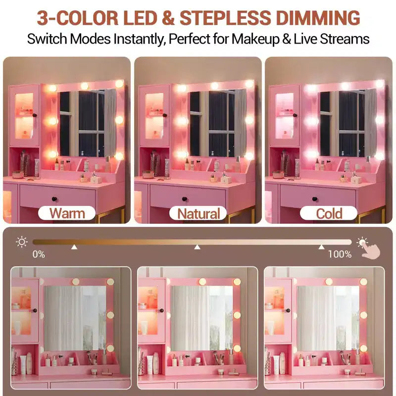 Tocador de maquillaje con espejo y luces, mesa de tocador con estación de carga, tocador de madera para dormitorio de niñas