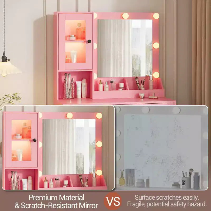 Tocador de maquillaje con espejo y luces, mesa de tocador con estación de carga, tocador de madera para dormitorio de niñas